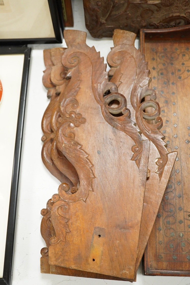 An Indian carved hardwood flat packed table and a similar inlaid tray, 46cm wide